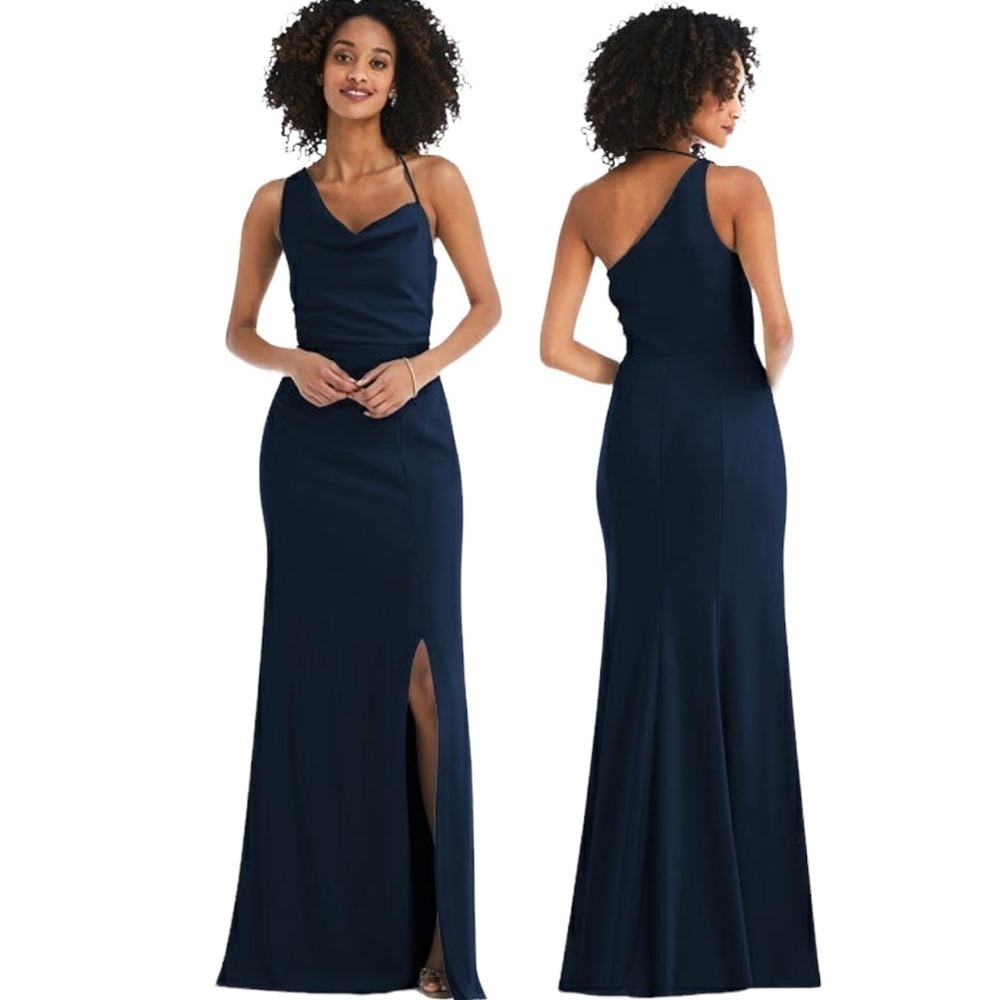 After Six Dessy Crepe One Shoulder Draped Cowl Neck Maxi Dress Sz 10